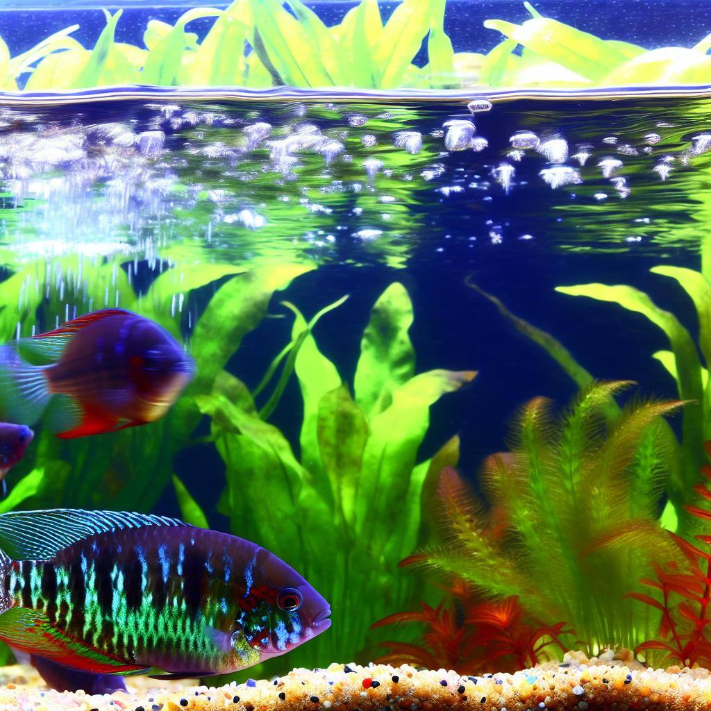 A close-up image of a clear freshwater tank with vibrant aquatic plants and colorful fish swimming peacefully.