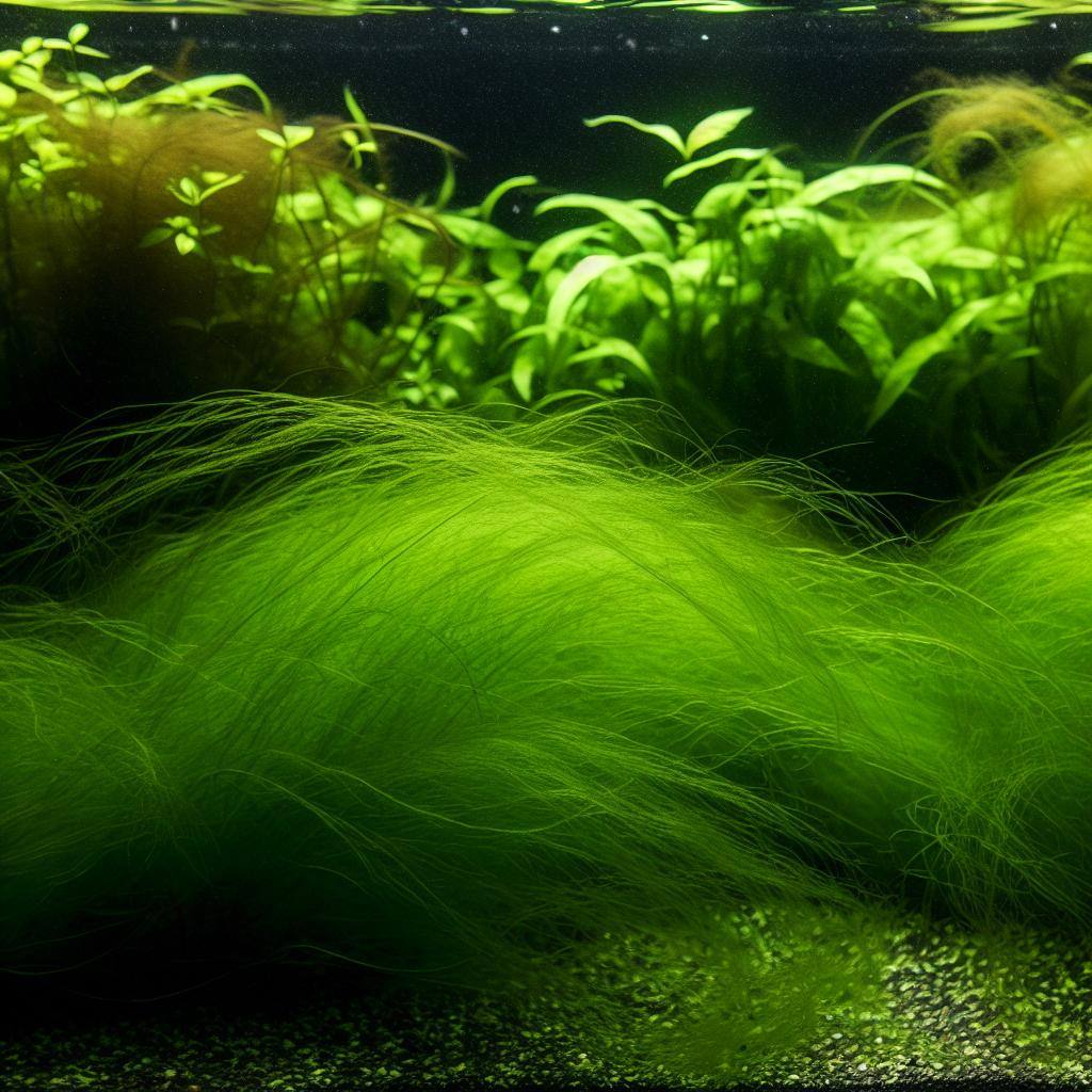 A lush underwater garden with vibrant green plants swaying gently in the shadows, adding depth and beauty to the aquarium.