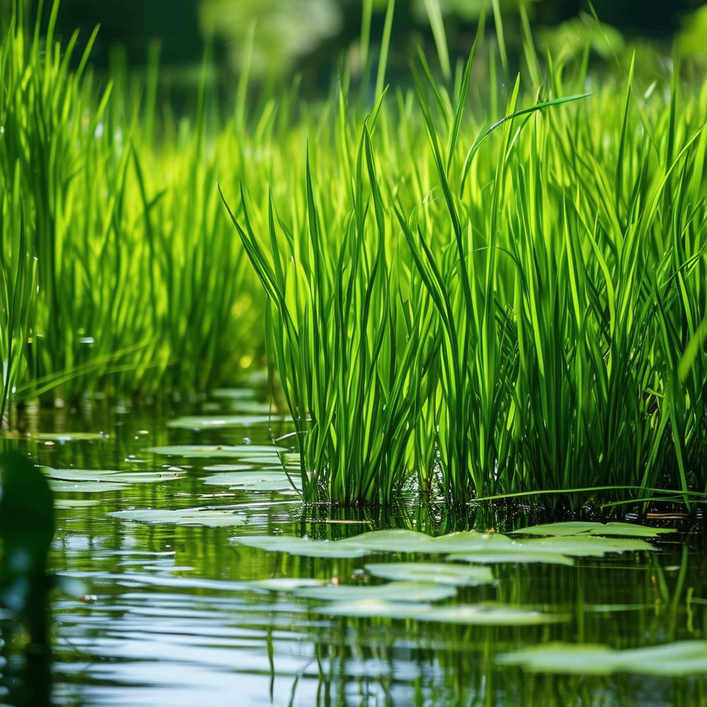 A serene pond with flourishing Vallisneria plants 