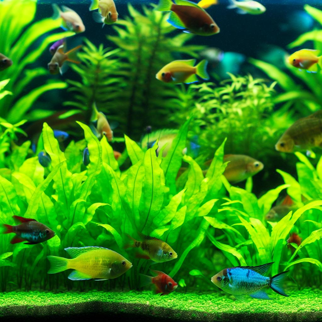 A vibrant planted aquarium filled with lush green plants and colorful fish, all thriving in the ideal substrate.